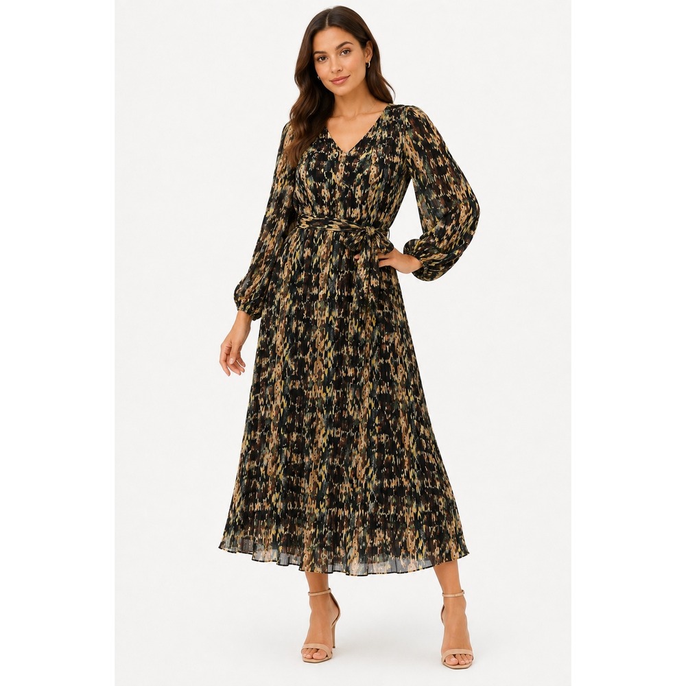 Sam Edelman Women's Pleated V-Neck Midi Dress Abstract Ikat Print Belted Size 10